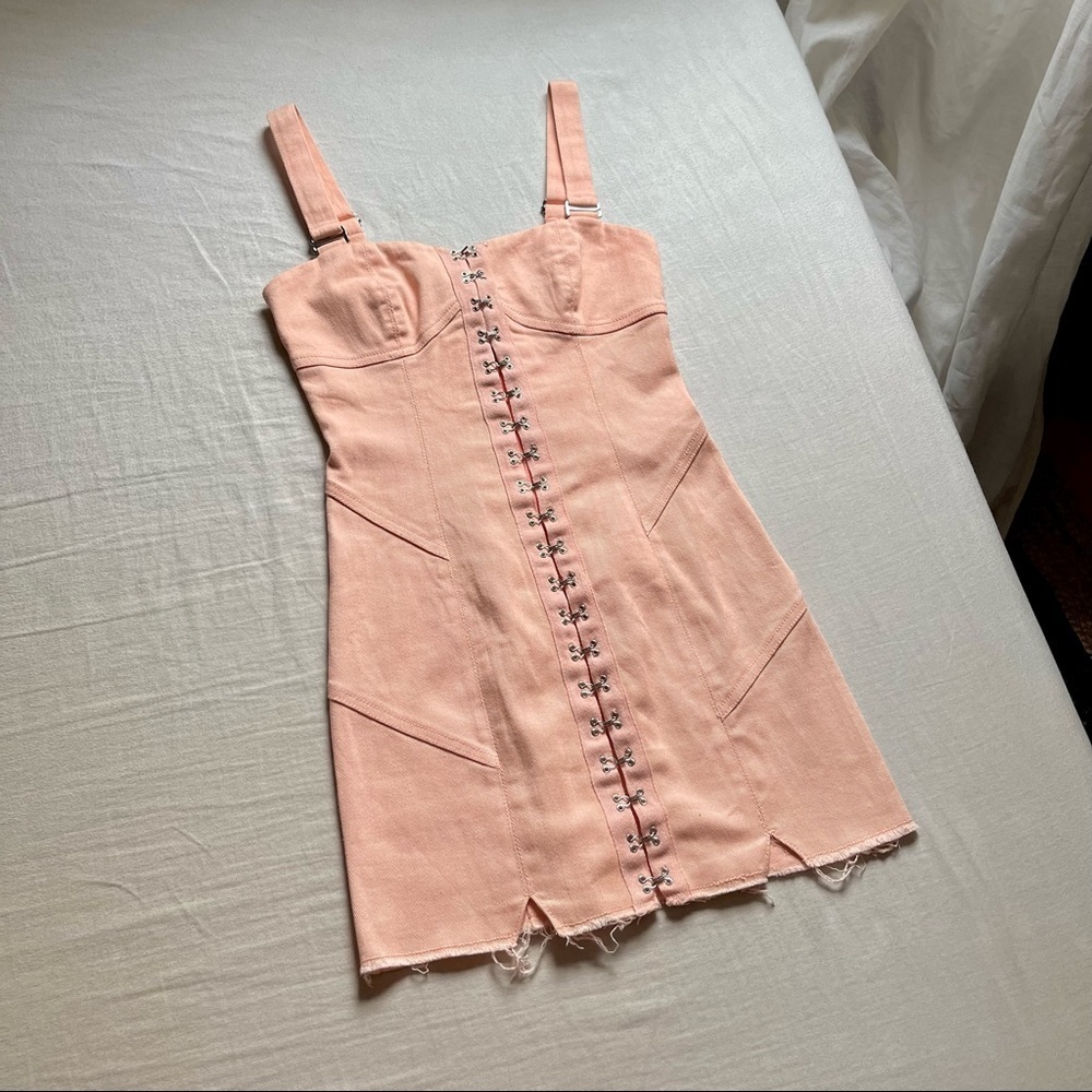 For Love and Lemons peach pink denim raw hem hook and eye detail mini dress - Picture 1 of 6